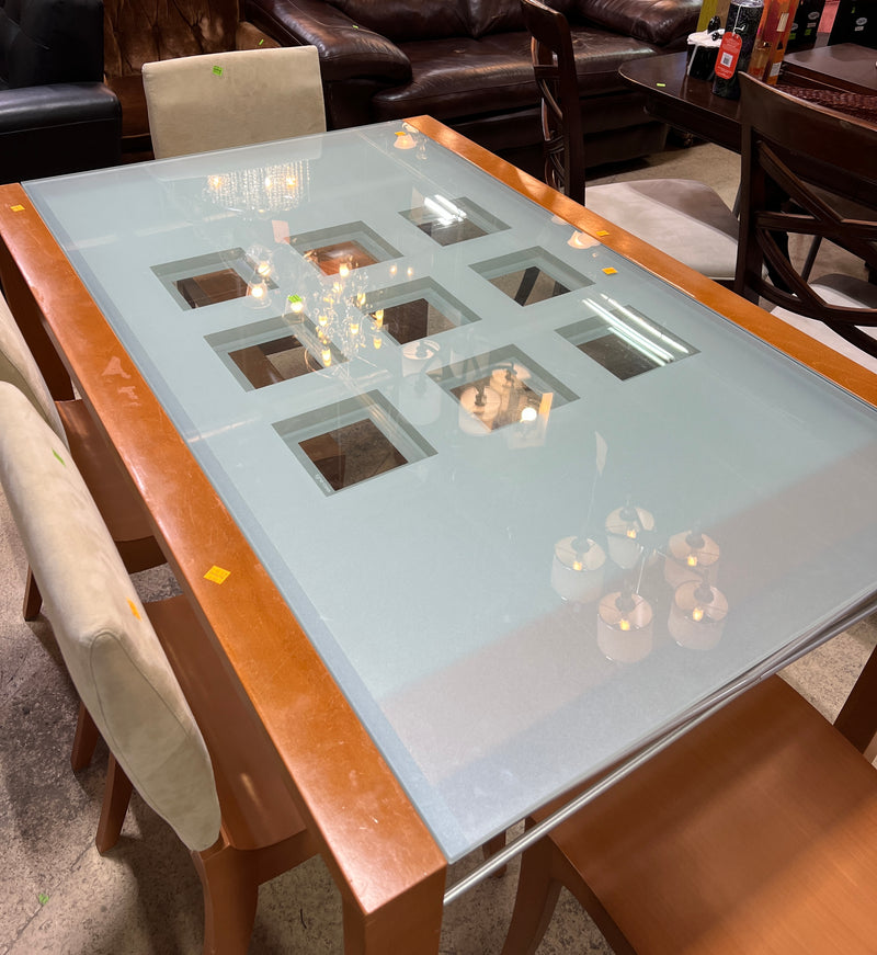 Ligne Roset Extensia Extendable Glass Dining Table Set with 8 Matching Wooden Chairs