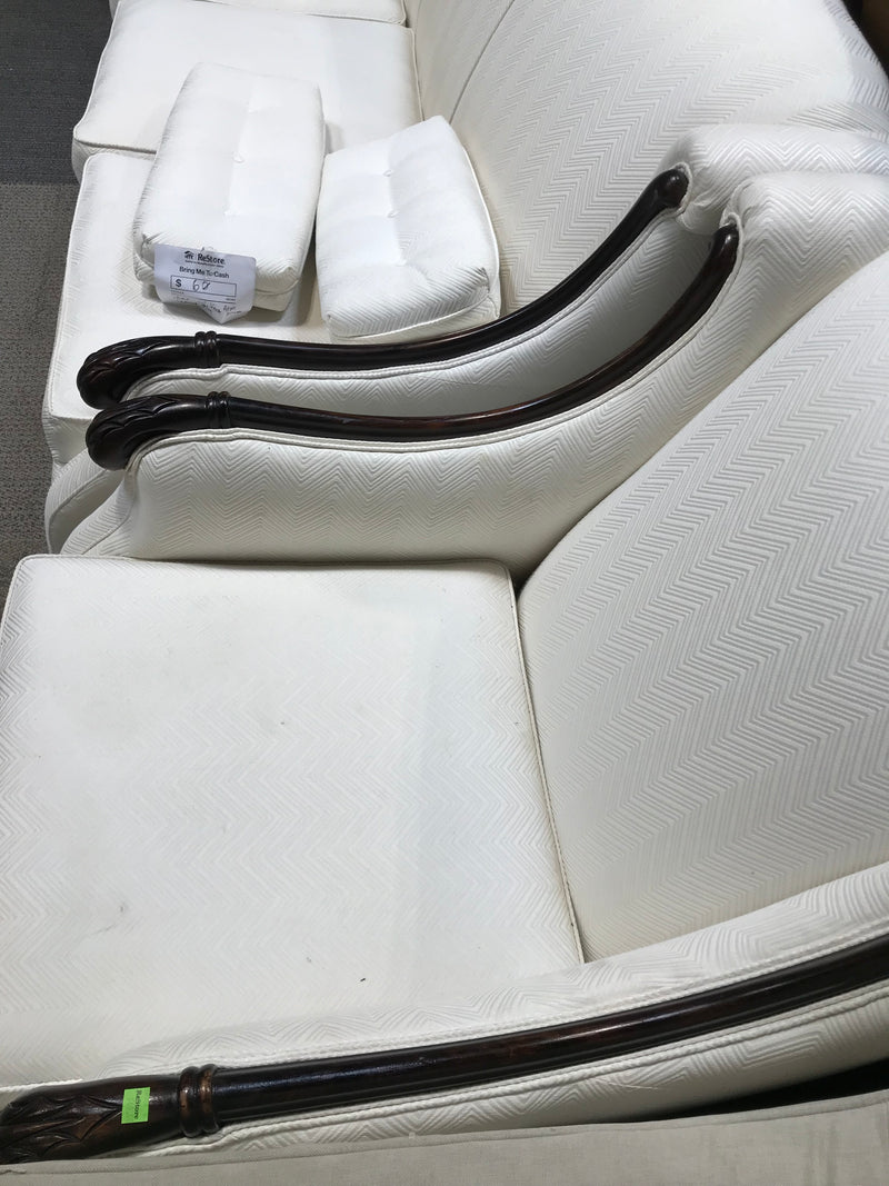 White Arm Chair With Dark Brown Wood Trim