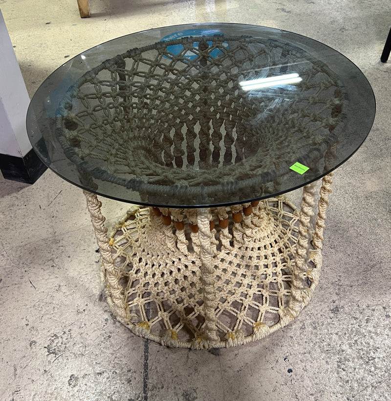 Vintage Bohemian Macramé Glass-Top Side Table