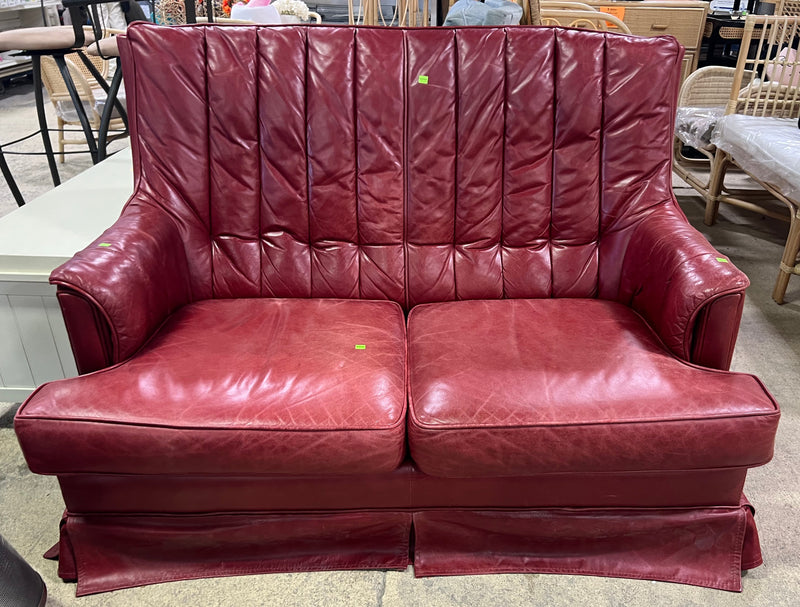 Cherry Red Mid-Century Modern Leather Wingback Loveseat