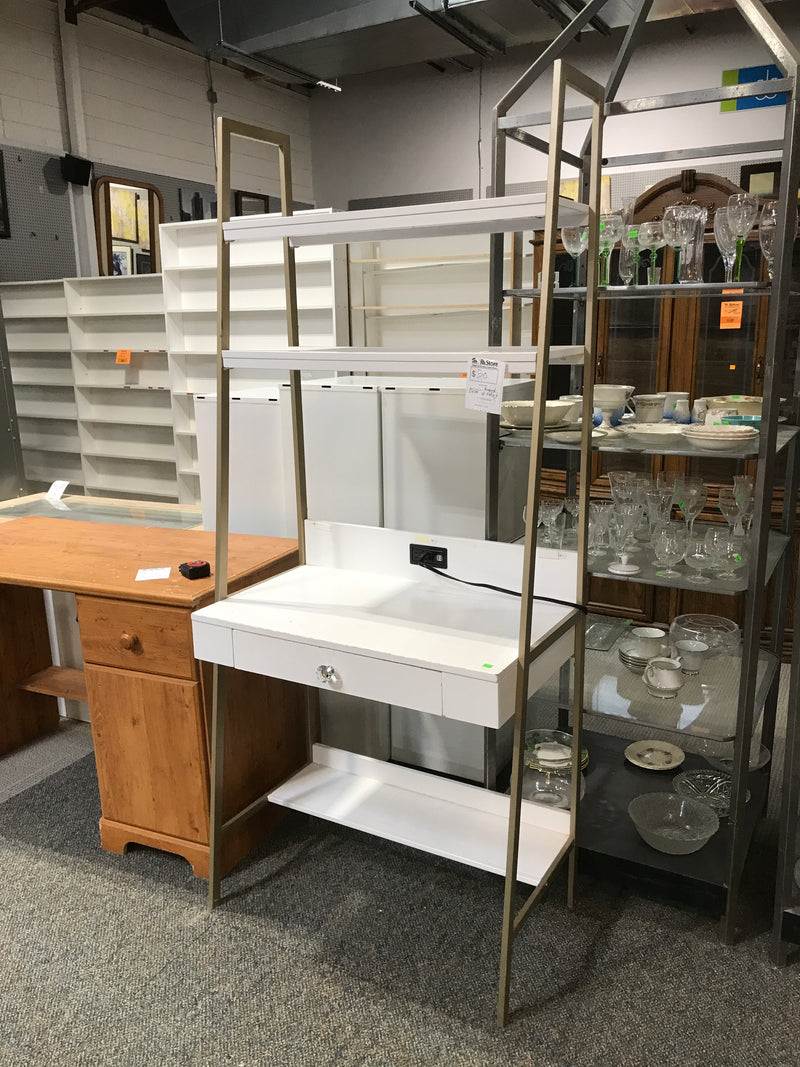Angled Desk With Tall Tiered Shelves Attached & Outlet