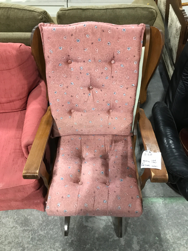 Wooden Framed Rocking Chair With Pink Floral Cushioning