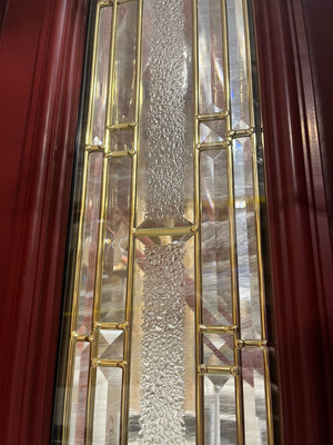 Elegant Mahogany Red Front Door with Decorative Glass and Transom