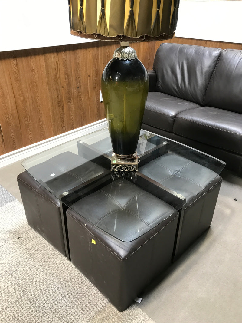 Glass Top Coffee Table With 4 Underneath Faux Leather Pullout Benches