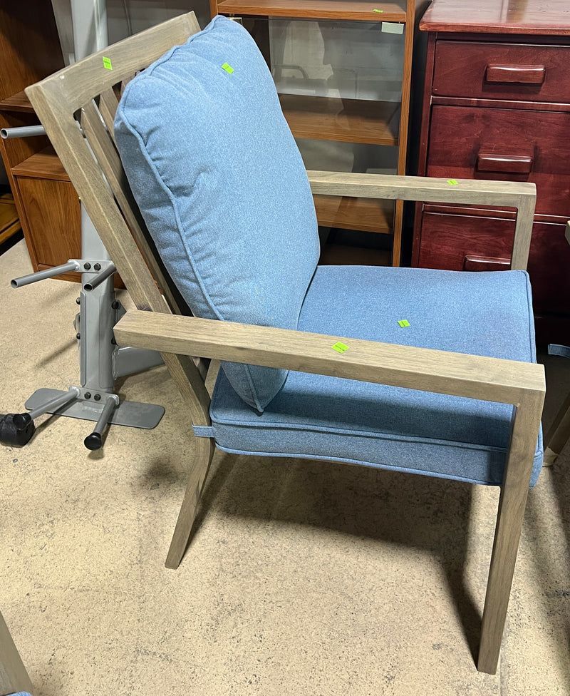 Landon & Co. Outdoor Patio Armchair – Faux Wood Finish with Blue Cushions