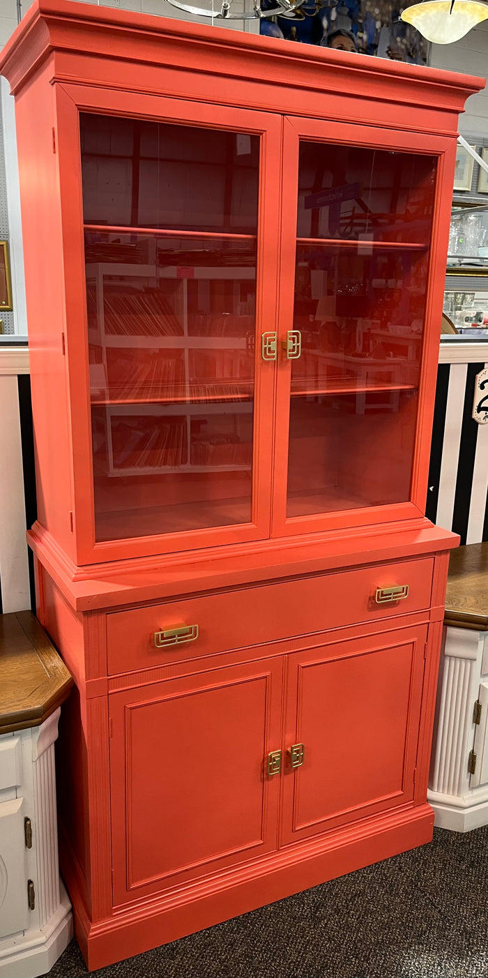 Professionally Refurbished Salmon Coloured Buffet & Hutch with Gold Hardware