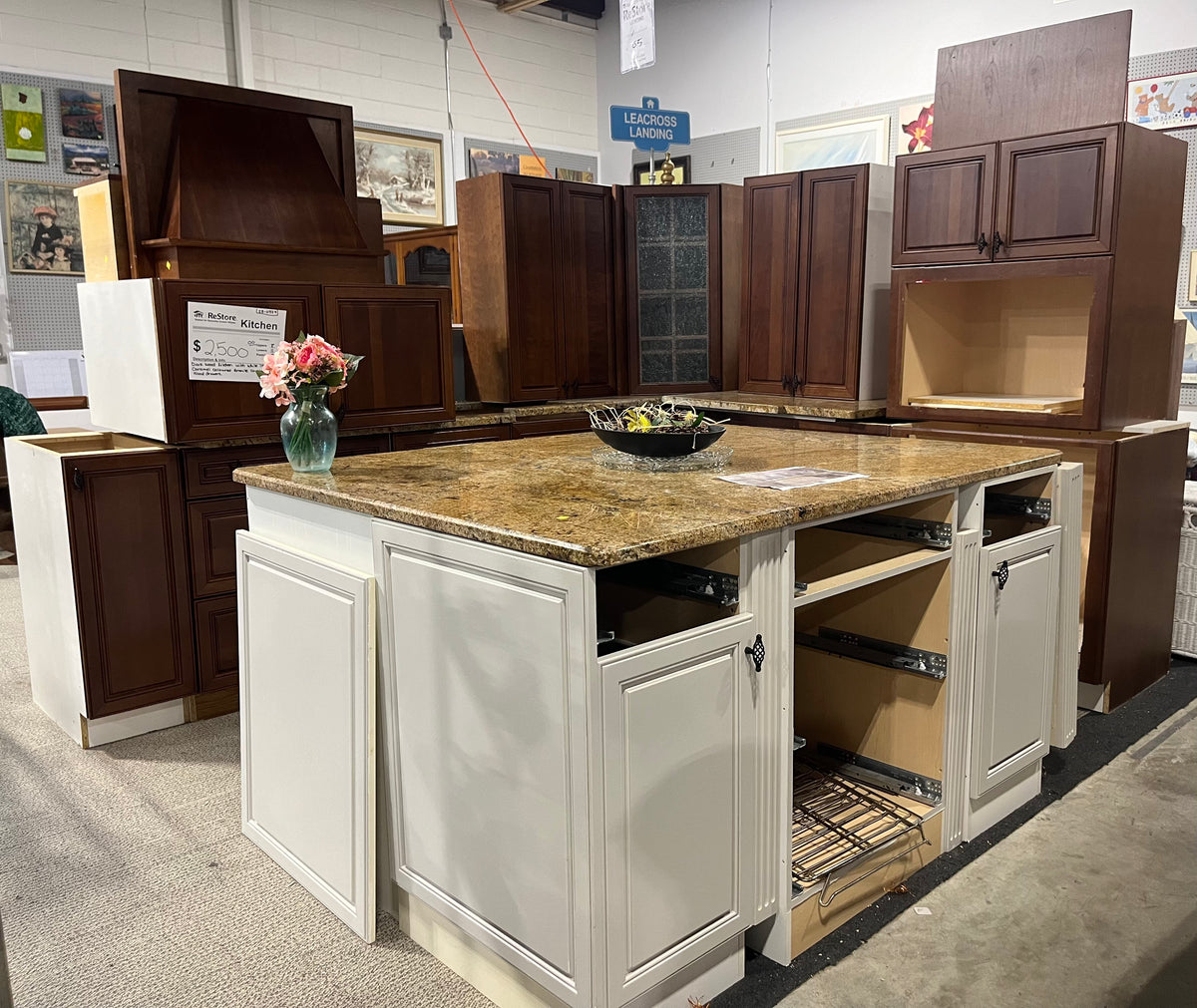 Dark Wood Kitchen with White Island and Caramel Coloured Granite Count Habitat for Humanity
