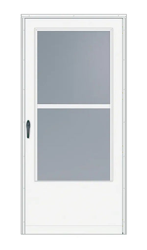34” x 80” White 200 Series Ventilating Storm Door with Black Hardware and Universal Swing