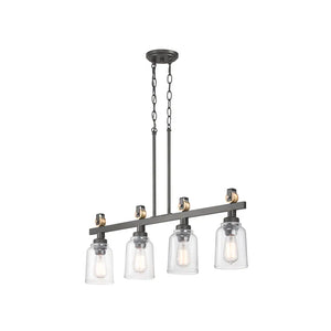 Knollwood 4-Light Blackened Bronze Linear Chandelier w/Vintage Brass Accents Clear Glass Shades