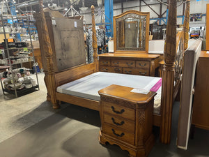 Four Poster Double/Queen Convertible Bed w/ Long Dresser, Mirror, Armoire + 2x Bedside Table