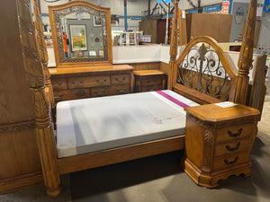 Four Poster Double/Queen Convertible Bed w/ Long Dresser, Mirror, Armoire + 2x Bedside Table