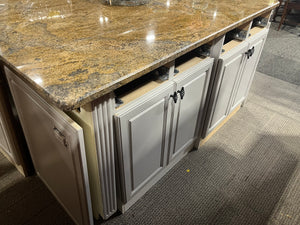 Dark Wood Kitchen with White Island and Caramel Coloured Granite Counters