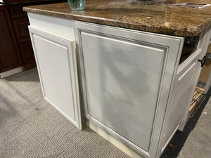 Dark Wood Kitchen with White Island and Caramel Coloured Granite Counters