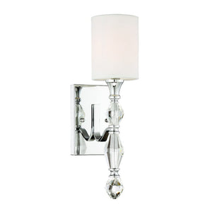 1 Light Wall Sconce/Bath in Chrome with Clear Faceted Crystal/ White Linen Shade