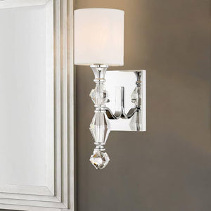 1 Light Wall Sconce/Bath in Chrome with Clear Faceted Crystal/ White Linen Shade