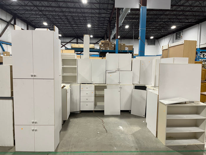 Melamine White Kitchen with White Plastic Knobs & Extra Cabinet Door