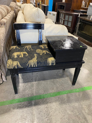 Black Painted Gossip Bench with Safari Print Upholstery