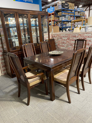 Modern Dark Wood Dining Set with Six Chairs and Buffet
