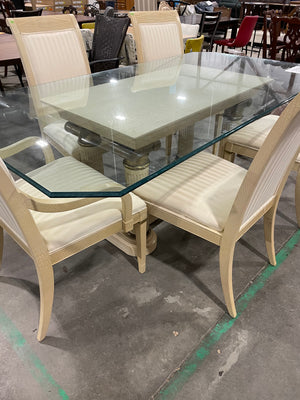 Glass Top Pedestal Dining Set with Cream Chairs