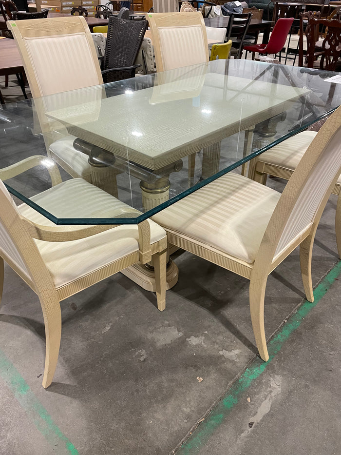 Glass Top Pedestal Dining Set with Cream Chairs