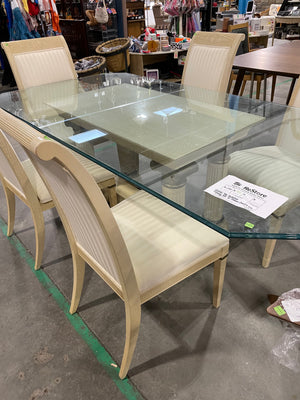 Glass Top Pedestal Dining Set with Cream Chairs