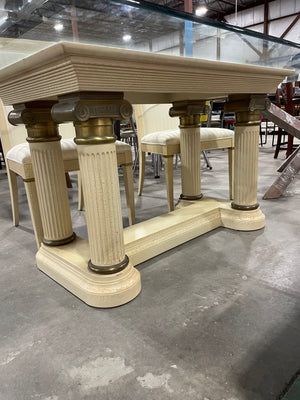 Glass Top Pedestal Dining Set with Cream Chairs