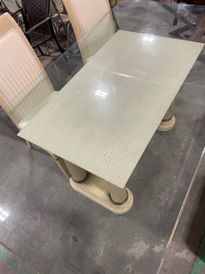 Glass Top Pedestal Dining Set with Cream Chairs