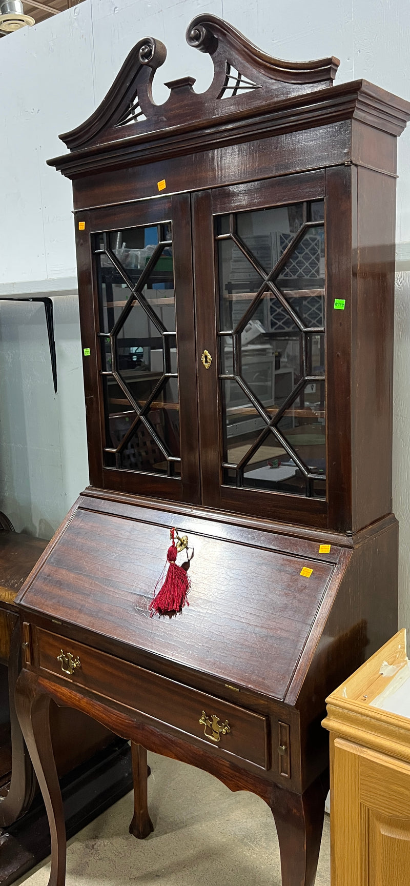 Antique Mahogany Secretary Desk & Bookcase with Swan Neck Pediment