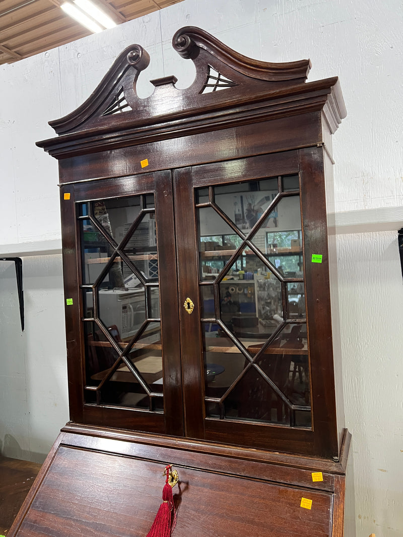 Antique Mahogany Secretary Desk & Bookcase with Swan Neck Pediment