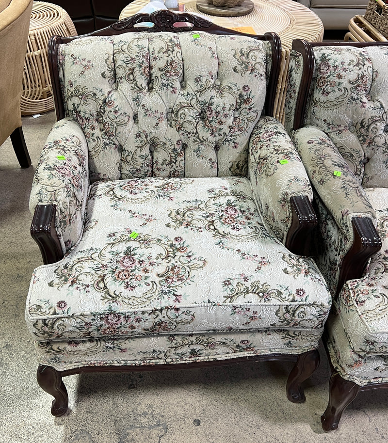 Vintage French Provincial Floral Tapestry Upholstered Tufted Armchair