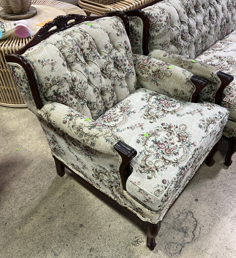 Vintage French Provincial Floral Tapestry Upholstered Tufted Armchair