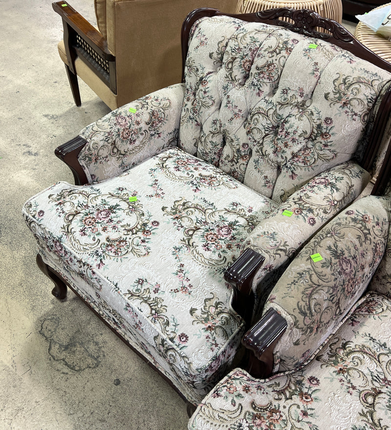 Vintage French Provincial Floral Tapestry Upholstered Tufted Armchair