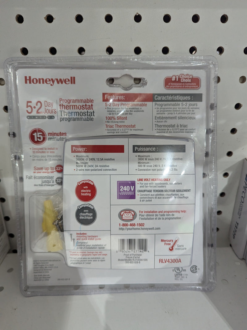 Honeywell RLV4300A 5-2 Day Programmable Electric Baseboard Heat Thermostat.