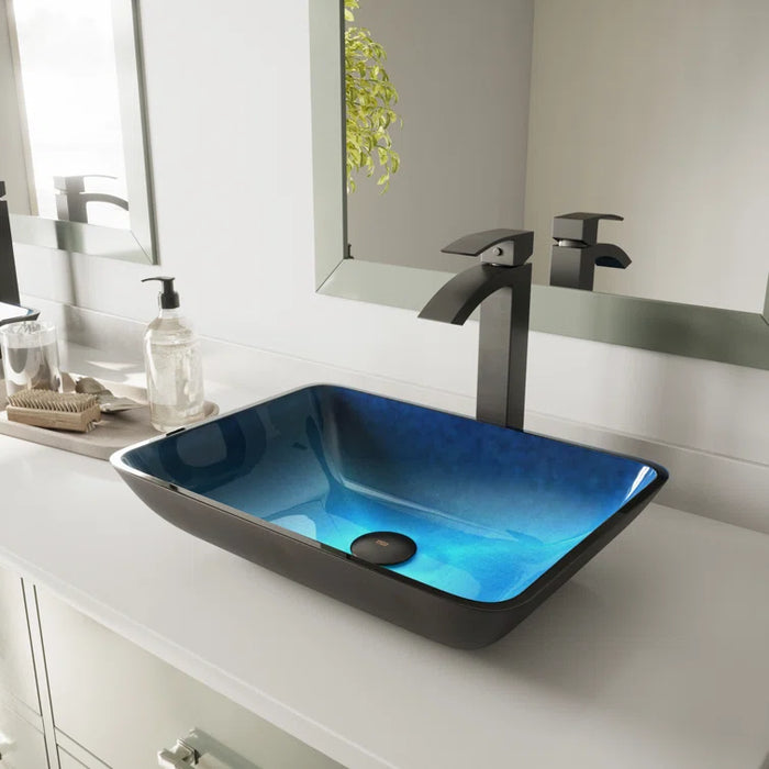 Tempered Glass Vessel Bathroom Sink with Pop-Up Drain & Mounting Ring