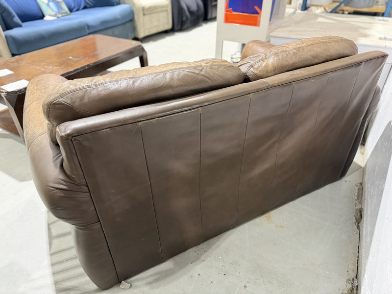 Brown Leather Loveseat with Rolled Arms