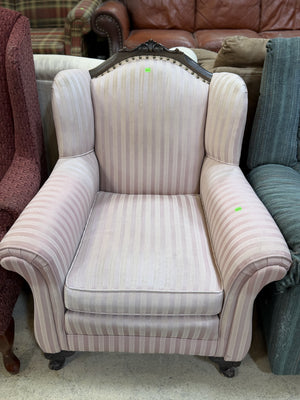 Blush Striped Accent Armchair with Carved Wood Details