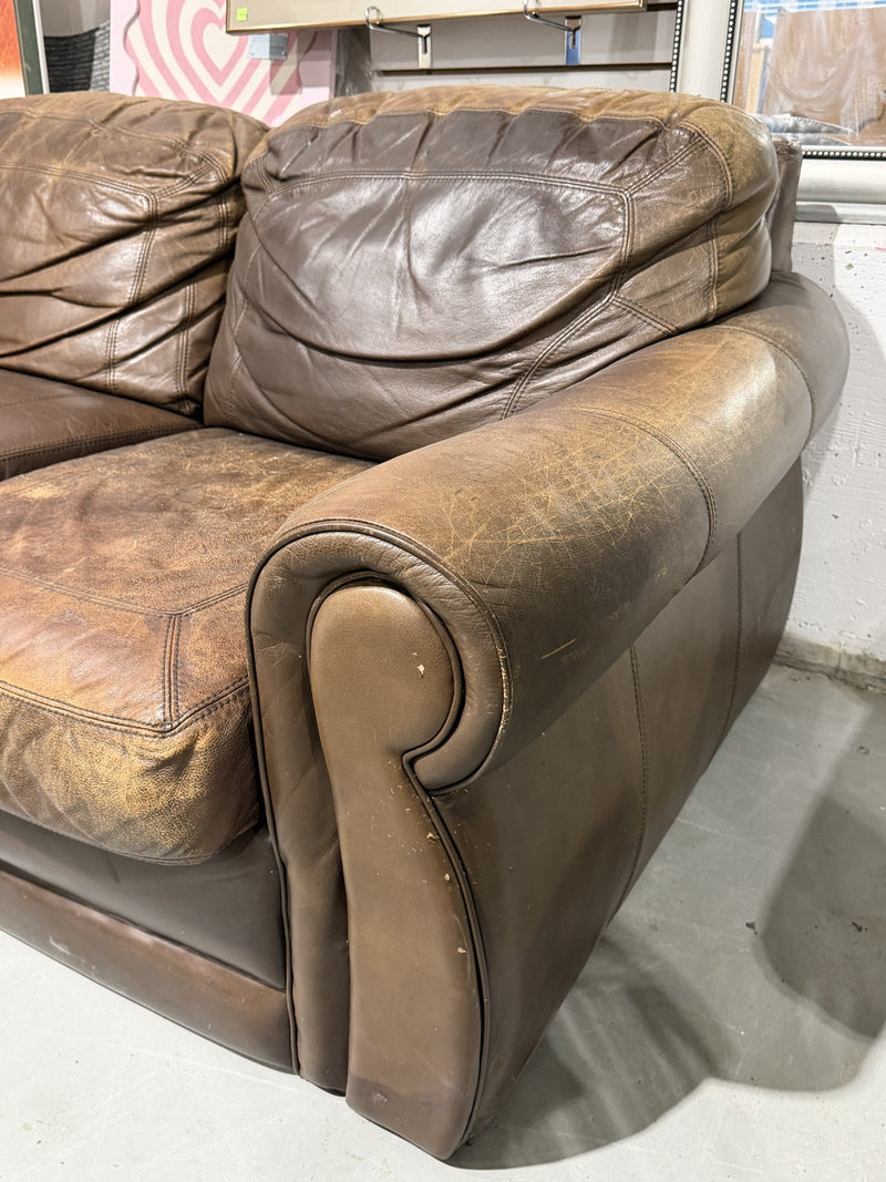 Brown Leather Loveseat with Rolled Arms