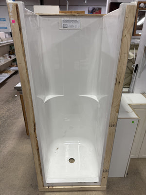 White One-Piece Fiberglass Shower Stall with Built-In Shelves