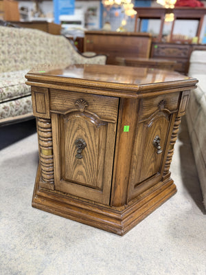 Vintage Hexagonal Oak Commode End Table with Cabinet Storage