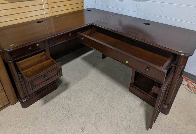 L-Shaped Executive Desk and Chair with Dark Wood Finish