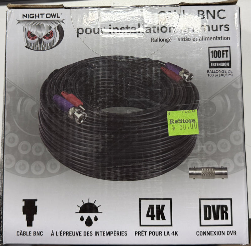 100 ft In-Wall Rated BNC Video-Power Extension Cable