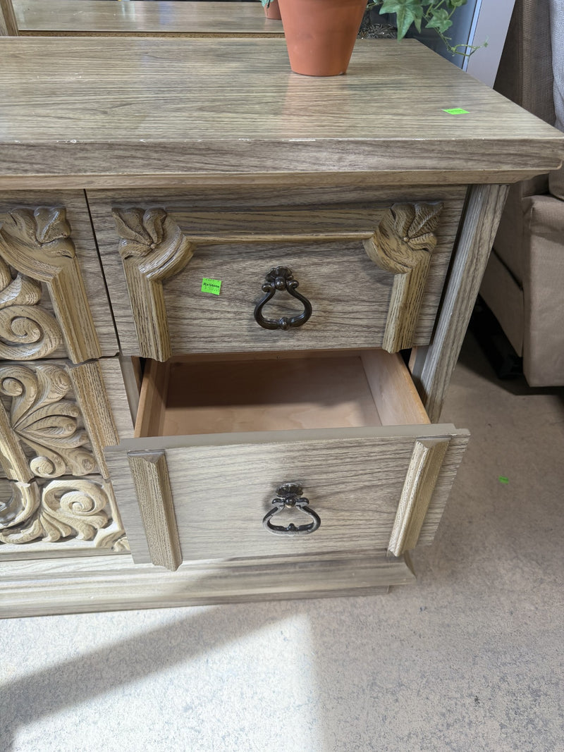Carved Wood Dresser with Dual Mirrors
