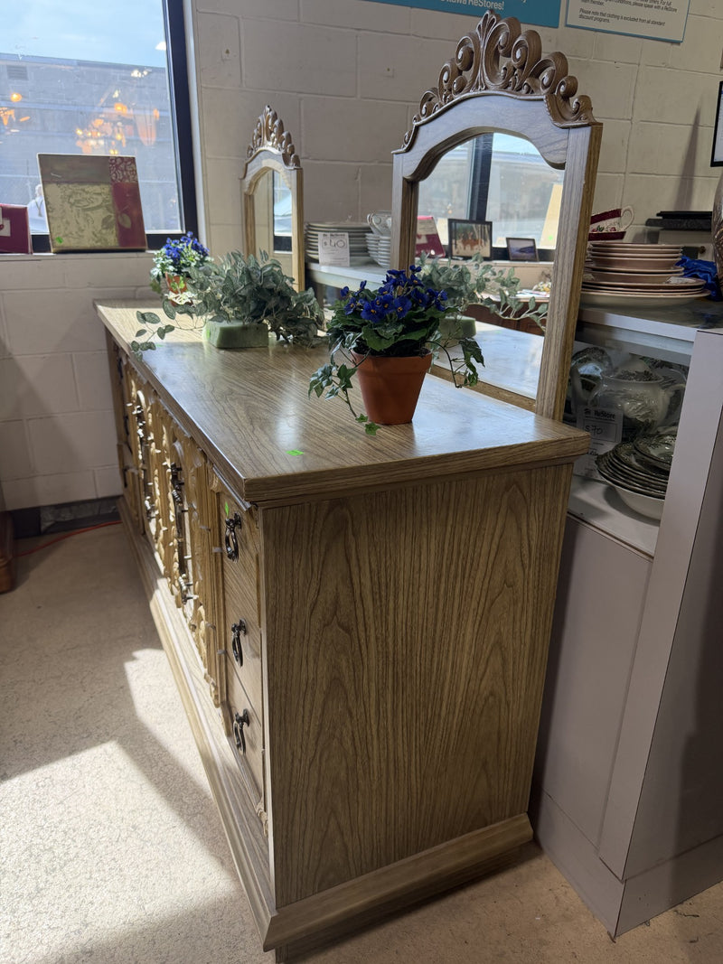 Carved Wood Dresser with Dual Mirrors