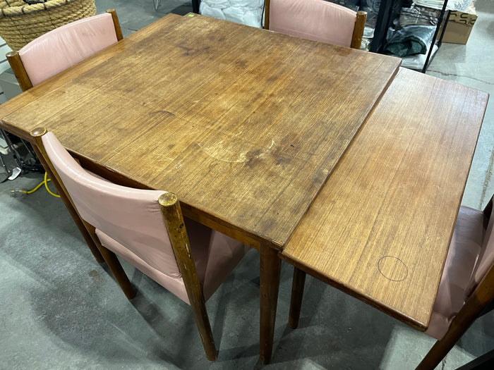 Teak Dining Table Set w/ 4 Pink Cushioned Chairs