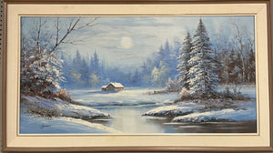 Snowy Cabin Landscape Painting