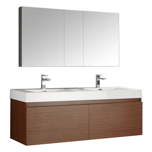 Mezzo 59” 4-Drawer Wall Mounted Vanity in Brown With Acrylic Top in White, Double Basins