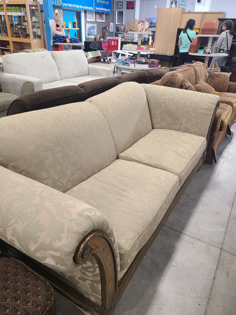 Elegant Traditional Beige Damask Sofa with Carved Wood Trim