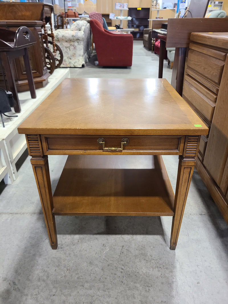 Vintage Broyhill Parquet Top Wood End Table with Drawer & Storage Shelf