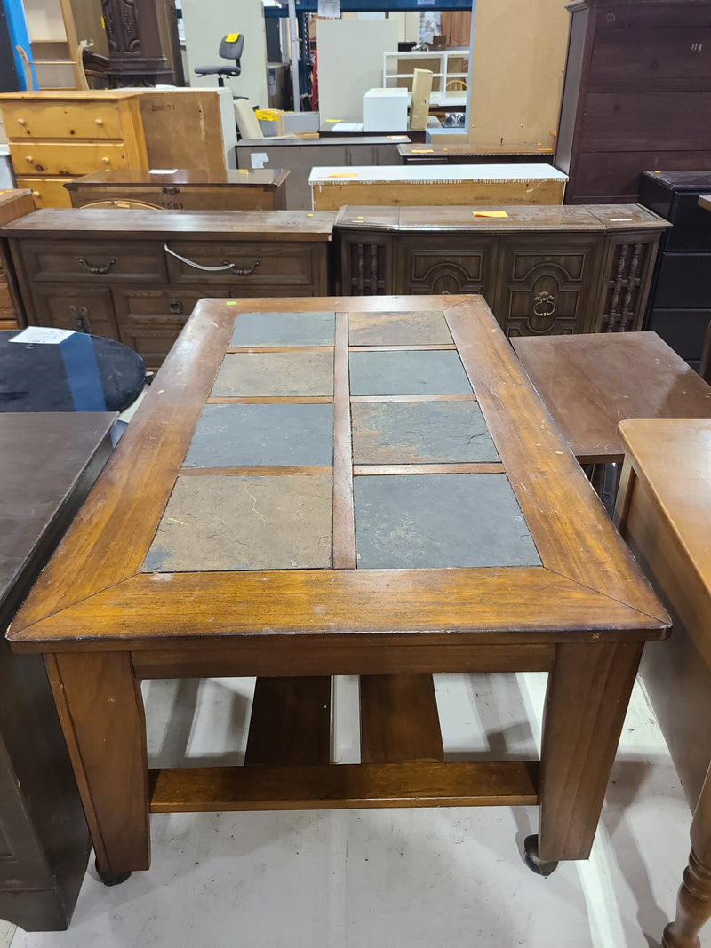Rustic Slate Tile Top Wooden Coffee Table on Casters