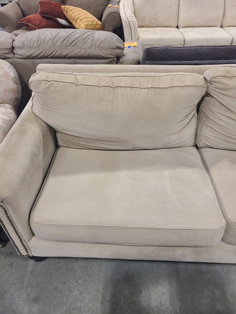Traditional Beige Fabric Rolled-Arm Sofa with Nailhead Trim